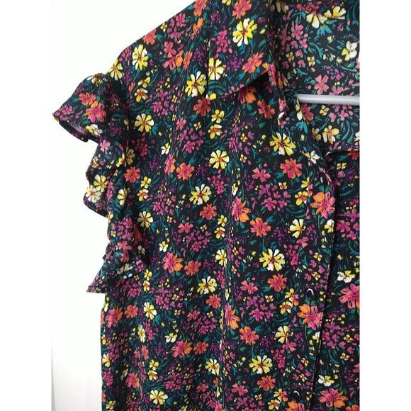 BP Black Floral Ruffle Semi Sheer Cap Sleeve Collar Button Top. Size M - Picture 4 of 8